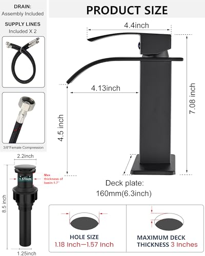Midanya Waterfall Bathroom Faucet 1 Hole,Matte Black | with 24” Hoses,Pop Up Drain,6” Deck Plate,for 1 or 3 Hole Vanity,Lavatory,RV,Single Handle Bathroom Sink Faucet,NSF Certified - color: Black