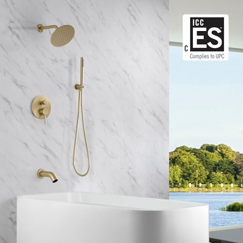 SUMERAIN Bathroom Brushed Gold Rain Shower System with Tub Spout | Tub and Shower Set, Brass Hand Shower, 8" Shower Head, Brass Rough in Valve, Concealed Box Design - color: Brushed Gold, size: 3 Function