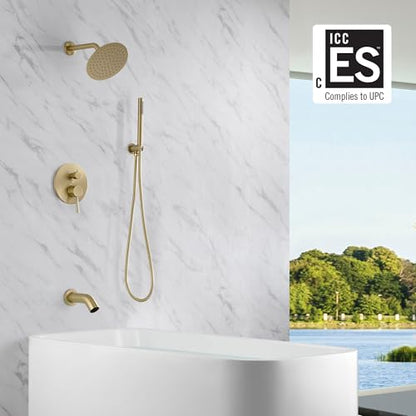 SUMERAIN Bathroom Brushed Gold Rain Shower System with Tub Spout | Tub and Shower Set, Brass Hand Shower, 8" Shower Head, Brass Rough in Valve, Concealed Box Design - color: Brushed Gold, size: 3 Function