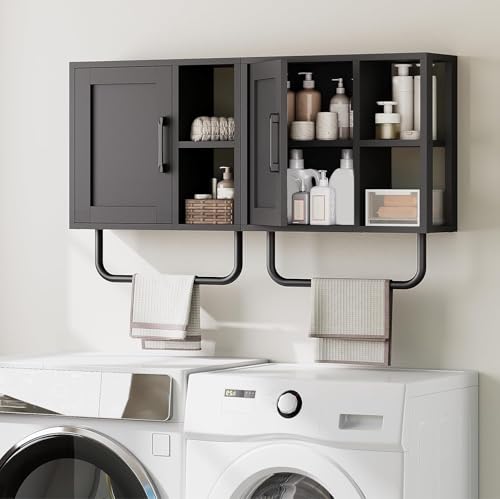 Medicine Cabinet, Bathroom Wall Cabinet with Towel Bar, Adjustable Shelf and Open Partition, Over The Toilet Storage Cabinet, for Bathroom, Laundry Room, Living Room, Kitchen, Black - color: Black