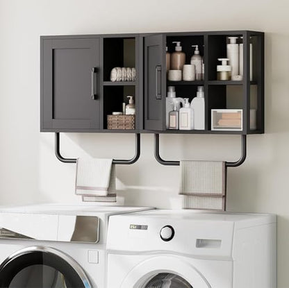 Medicine Cabinet, Bathroom Wall Cabinet with Towel Bar, Adjustable Shelf and Open Partition, Over The Toilet Storage Cabinet, for Bathroom, Laundry Room, Living Room, Kitchen, Black - color: Black