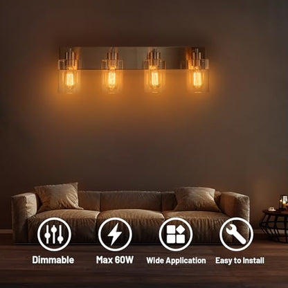 4-Light Brushed Nickel Bathroom Vanity Lights, Clear Glass | Brushed Nickel Metal Frame,Up/Down Wall Mount,cylinder Glass Shade,Kitchen Hallway Bedroom Indoor Use,Easy Install,E26 Base - size: 4-light
