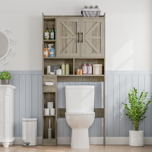 Vabches Over The Toilet Storage Cabinet with 2 Barn Doors, Grey | Farmhouse Storage Cabinet with Toilet Paper Holder Stand，Home Space-Saving Toilet Rack, for Bathroom, Restroom, Laundry - color: Grey Oak, style: 2 Barn Doors
