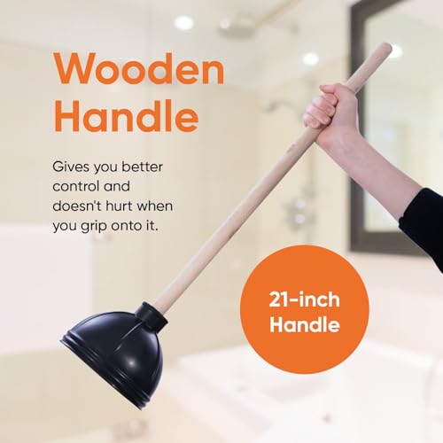 Superio Heavy Duty Plunger with 21 Inch Wooden Handle, Black Rubber - Classic Toilet Plunger, Heavy Duty, Double Thrust Force Cup, Rubber Toilet Plunger, Black Plunger (Wood-3 Pack) - size: 3 Pack-1