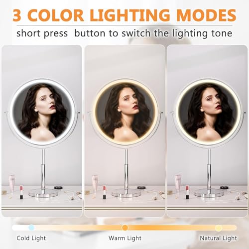 Hasipu 10-inch Lighted Makeup Mirror with Magnification, Rechargeable 3000 mAh Vanity Mirror with Lights, Desk Mirror with Dimmable Brightness, 3 Lighting Modes, Height Adjustment, Black
