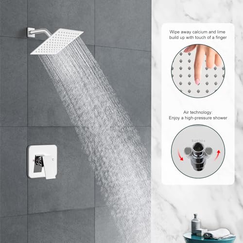 Heyalan 8 Inch Square Rain Shower Faucet Set with Valve, Polished Chrome | Female-thread 1/2-inch NPT connections, SUS304 shower head, brass rough-in valve, single-handle control Shower Set - color: Chrome, size: 8 Inch Square Shower Head