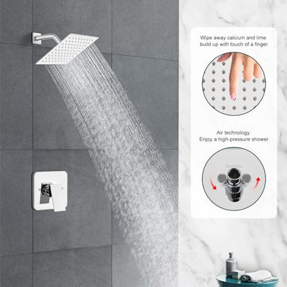 Heyalan 8 Inch Square Rain Shower Faucet Set with Valve, Polished Chrome | Female-thread 1/2-inch NPT connections, SUS304 shower head, brass rough-in valve, single-handle control Shower Set - color: Chrome, size: 8 Inch Square Shower Head