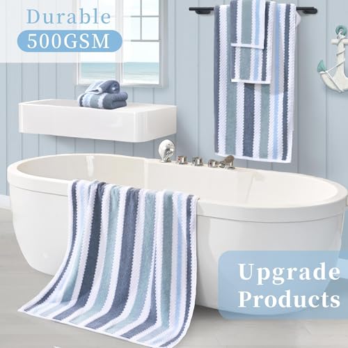 VOOVA & MOVAS Stripe 6PC Towel Set, Cotton Blend, Blue Gray White | 2 Bath 30x56 In, 2 Hand 16x27 In,2 Washcloths 13x13 In, Quick Dry, 540GSM, With Hanging Loops - color: Blue-gray and White, size: 6 PC Bathroom Towel Set