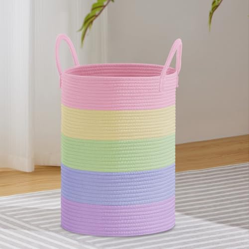 VIPOSCO 58L Tall Woven Laundry Basket Hamper, Rainbow | Cotton rope laundry hamper, collapsible wicker basket, storage for blanket, toys, dirty clothes, for bedroom, bathroom - color: Rainbow, size: 58L