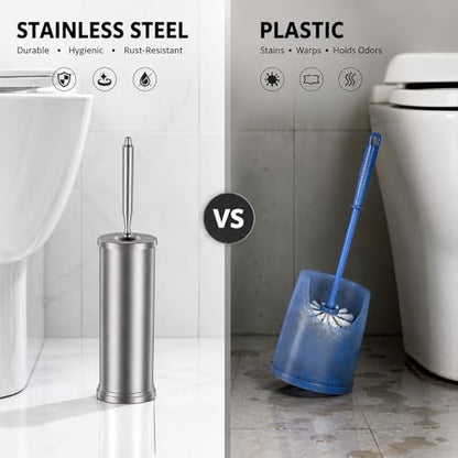 Stainless Steel Toilet Bowl Brush and Holder Set Scrubber Nickel | Weighted Stable Base Removable Inner Tube Toilet Bowl Brush Splash-Proof Design for Deep Cleaning Space Saving Storage - color: Nickel