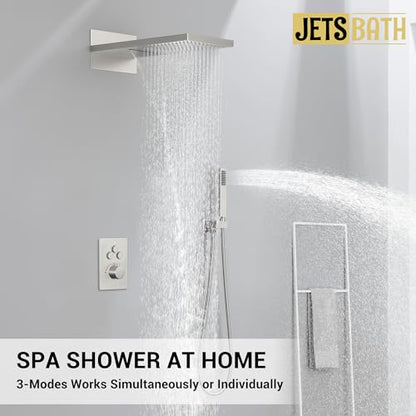 Thermostatic Shower System, Waterfall Shower Head(Brushed Nickel) | 22-Inch Rain & Waterfall Large Shower Head, High Pressure Handheld Sprayer, 3 Modes Push Button Valve - color: Brushed Nickel