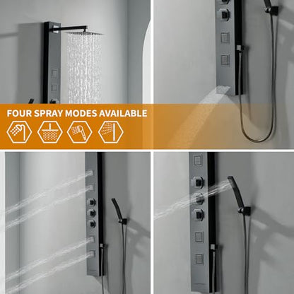 Rainfall Shower Tower Shower Wall Panels, Stainless Steel Shower Panel with 4 Body Jets Massage and Adjustable Head, Tub Spout Column Wall Mount, Black