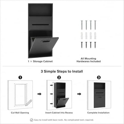 Recessed Trash Can and Storage Niche Combo, Stainless Steel in-Wall Mounted Cabinet with Toilet Paper Holder – 2-in-1 Hidden Tilt-Out Bin for Bathroom, Bedroom, or Kitchen