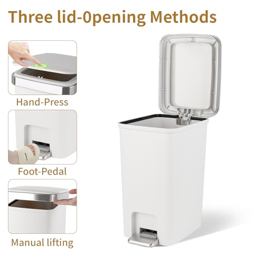 Small Bathroom Trash Can with Lid and 3 Rolls Trash Bags, Step Pedal Wastebasket Plastic Garbage Can with Pop-Up Lid 2.6 Gallon Bin for Kitchen, Bedroom, Office, Dorm, Laundry, Toilet, Rv, White - color: White