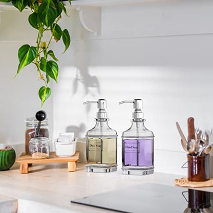 GLADPURE Soap Dispenser - 2 Pack, 18 Oz Antique Design Thick Glass Hand Soap Dispensers; with 304 Rust Proof Stainless Steel Pump, 6Pcs Clear Stickers, for Kitchen, Bathroom - Silver - color: Silver