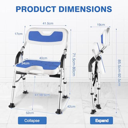 DEWEL Foldable Shower Chair for Elderly and Disabled, Folding Shower Seat with Armrests and Back Height Adjustable, Aluminum Alloy Bath Seat for Inside Shower, 330lbs Capacity (Blue) - color: Blue