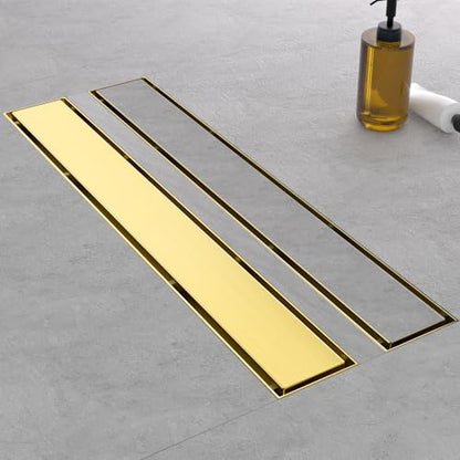 Linear Shower Drain - 32 Inch Brushed Gold, with Tile Insert Panels | AISI 304 Stainless Steel Shower Drain with Adjustable Feet, Hair Catcher, Rectangle Shower Floor Drain Fits Bathroom, Balcony - color: Brushed Gold, size: 32 Inch