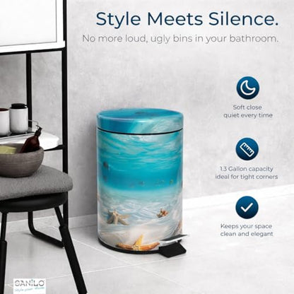 Sanilo Small Bathroom Trash Can with Lid [1.3 Gallon] - Lidded Tiny Trashcan for Garbage - Mini Metal Bin with Soft Closing Mechanism - Bath Room Accessoire Wastebin with Inner Bucket (Waterworld) - color: Waterworld