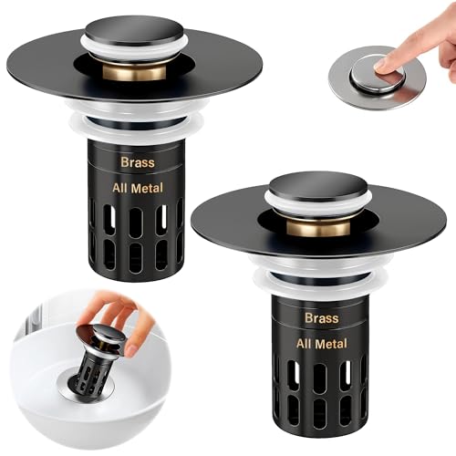 (All Metal) Bathroom Sink Stopper, Pop Up Drain Strainer for Bathroom Sink, Sink Plug Hair Catcher, Silent Popper Core w/Removable Filter Basket,Fit 1.05~2.0''Basin (Matte Black, 2 Pack) - color: Matte Black, size: 2 Pack