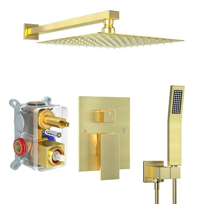 Brushed Gold Shower System with 10-Inch Rain Showerhead and Handheld - color: Brushed Gold, style: 10"-Without Tub Spout