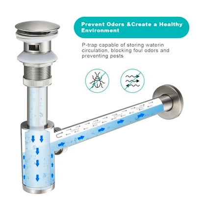 Bathroom Basin Sink Waste P-Trap Drain Kit, Adjustable Bottle Trap with Pop Up Drain Stopper with Overflow, Brushed Nickel
