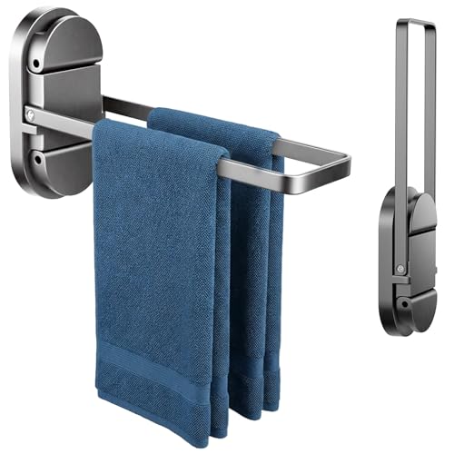Foldable Suction Towel Bar, No Drill Stainless Steel | Heavy-duty bathroom towel holder for towels and robes. Fits tile, glass, mirrors & RV. Reusable, rustproof and residue-free - color: Silver Black