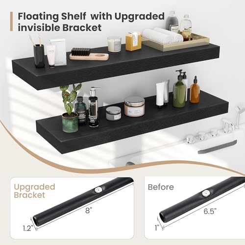 Heimlove 12 Inch Deep Floating Shelves,12 Inch Wide Small Wall Shelves Set of 2, 2 Inch Thick Invisible Wall Mounted Shelves for Bathroom Bedroom Nursery,Black - color: Black, size: 12"W x 12"D x 2"H, Set of 2