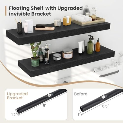Heimlove 12 Inch Deep Floating Shelves,12 Inch Wide Small Wall Shelves Set of 2, 2 Inch Thick Invisible Wall Mounted Shelves for Bathroom Bedroom Nursery,Black - color: Black, size: 12"W x 12"D x 2"H, Set of 2