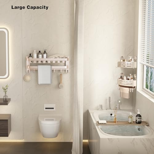 Corner Shower Caddy Suction Cup Shower Shelf Corner No Drilling Bathroom Shower Organizer Storage Rack Adhesive with Towel Bar Hooks(2-Pack, Ivory)