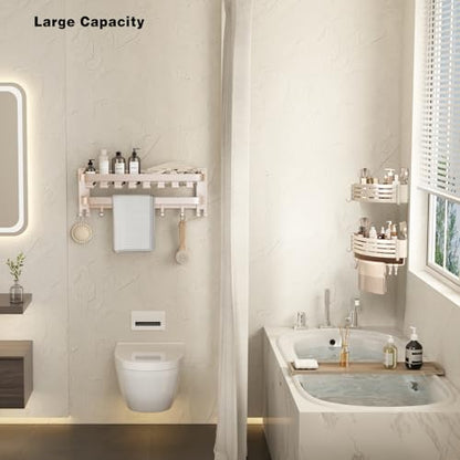 Corner Shower Caddy Suction Cup Shower Shelf Corner No Drilling Bathroom Shower Organizer Storage Rack Adhesive with Towel Bar Hooks(2-Pack, Ivory)