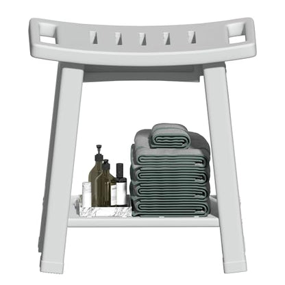 Shower Chair for Inside Shower, Shower Stool with Anti-Slip Foot Covers hold 400 lbs, HDPE Bath Seat with Bottom Storage Rack & Portable Armrest, Bench Chair for Adults, Elderly & Disabled, Light Gray