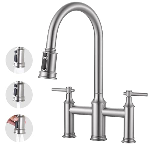 Brushed Nickel Bridge Kitchen Faucet: 3 Holes Kitchen Faucet with Pull Down Sprayer - Two Handles 8 Inch Centerset Kitchen Sink Faucet, 360° Swivel Spout - color: Brushed Nickel