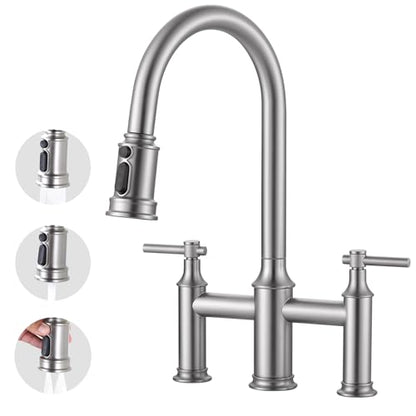 Brushed Nickel Bridge Kitchen Faucet: 3 Holes Kitchen Faucet with Pull Down Sprayer - Two Handles 8 Inch Centerset Kitchen Sink Faucet, 360° Swivel Spout - color: Brushed Nickel
