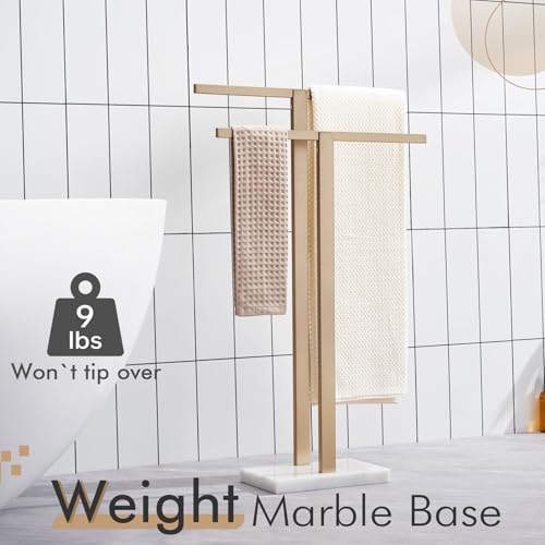 KOKOSIRI Bathroom Towel Rack 2-Tier Free Standing Towel Bars with Marble Base, Stainless Steel Stand Towels Holder, Thicken Steady Design, Champagne Bronze THS0003-CPG - color: Champagne Bronze
