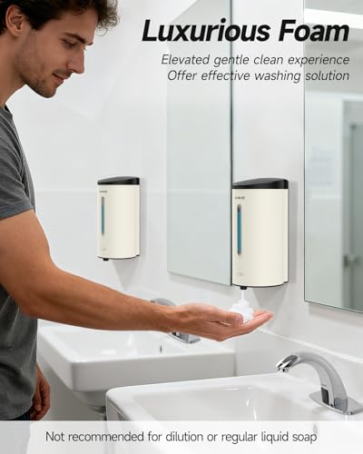 AIKE Automatic Foaming Soap Dispenser 25oz for Bathroom,Mattewhite AK1205FA | Rich Foam and Stainless Steel,No-drill and Screw Wall Mount,5-Level Adjustable and Key for Commercial(Batteries Not Included) - color: Matte White Stainless Steel