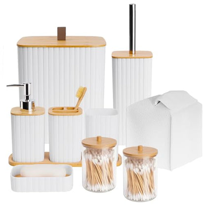 Bathroom Accessory Set, 10 Piece White Bathroom Set Complete | Includes Trash Can, Soap Dispenser, Toothbrush Holder, Soap Holder, Tumbler, Toilet Brush, Tray, Qtip Holders, Tissue Cover - color: White