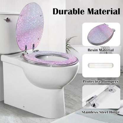 Elongated Toilet Seat Glitter Resin Toilet Seat Slow Quiet Close with Quick-Release Hinges Toilet Seat with Cover Easy to Clean Install - color: Multi5, size: 19.5"x14.5"