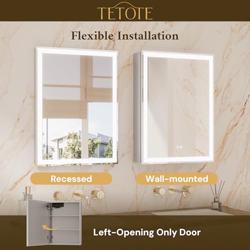 TETOTE 16 x 24 Lighted Bathroom Medicine Cabinet with Adjustable Shelves, Silver Aluminum Cabinet, Anti-Fog Stepless Dimmable 3 Colors White/Warm/Natural, Easy to Install(Wall Mount/Recessed) - color: Silver, size: 24"L x 16"W