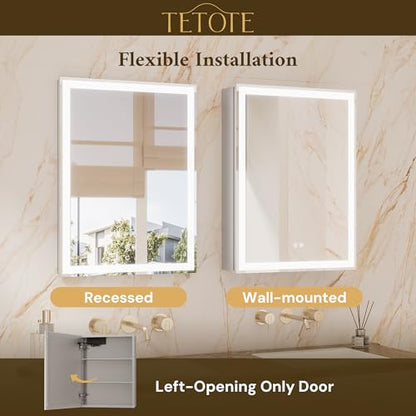 TETOTE 48 x 32 Lighted Bathroom Medicine Cabinet with Adjustable Shelves, Silver Aluminum Cabinet, Anti-Fog Stepless Dimmable 3 Colors White/Warm/Natural, Easy to Install(Wall Mount/Recessed) - color: Silver, size: 32"L x 48"W