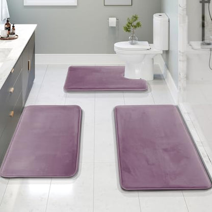 Clara Clark 3 Piece Bathroom Rugs, Velvet Memory Foam Bath Mat Set, Non-Slip Bath Rugs, Machine Wash, Dries Quickly, Ultra Soft Plush Bath Mats for Bathroom, 17 x 24/20 x 32 / Contour, Dusty Purple - color: Dusty Purple
