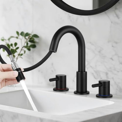 Pull-Down Bathroom Faucet 3 Hole 8 Inch with Pop-Up Drain Matte Black | 360° Swivel Spoutr & Dual Modes,8" Widespread 2-Handle, Pop-Up Drain & 10-Min Install for 3-Hole Bathroom Sink Faucets - color: Matte Black