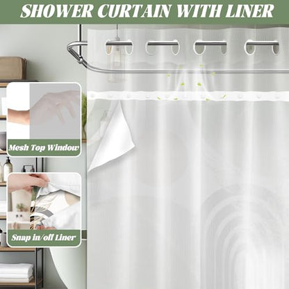 Sage Green Hookless Shower Curtain with Snap in Liner, Boho Mid Century Black and Light Green No Hook Double Layer Shower Curtains and Liner Set, Waterproof Cloth Fabric，60" W X 74" L - color: Green, size: 60"W x 74"L (Pack of 1)