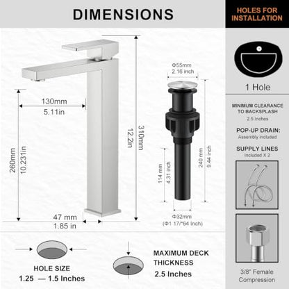 Brushed Nickel Vessel Sink Faucet, 1 Handle Tall Bathroom Sink Faucet | Vessel Bowl Faucet with Pop Up Drain & Supply Lines, Lead-Free cUPC & NSF Certified, 1 Hole Faucet for Vanity RV Restroom - color: Brushed Nickel, size: Tall