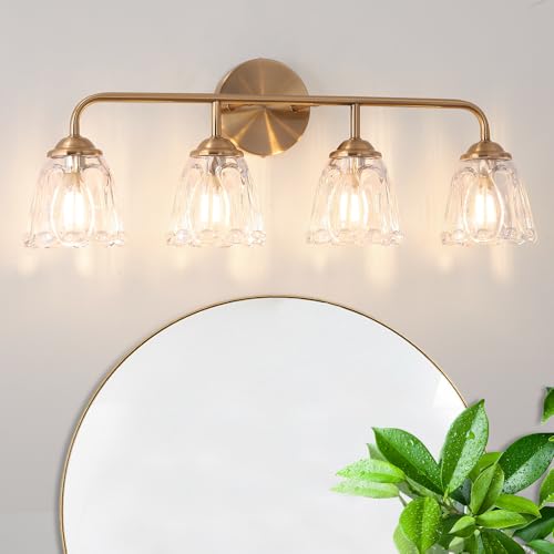 Daunton Vintage Bathroom Vanity Light, Brown Bronze Vanity Lighting, 4-Light Bathroom Lighting Fixtures Over Mirror, Elegant Flower Glass Light with Clear Shade, Gold Wall Sconce Lighting for Bedroom - color: Gold, size: 24.8in