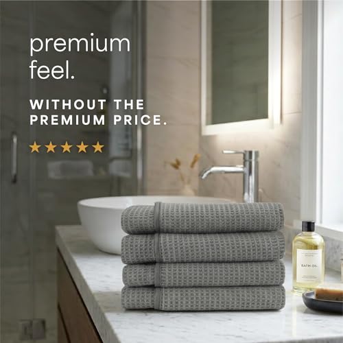 S&T INC. Aura Waffle Bath Towels, 4 Pack, 30" x 60", Grey | Quick-Dry, 420GSM, Absorbent Microfiber, Lightweight, Sewn-In Hang Loop, Compact for Home, Gym, and Travel - color: Grey