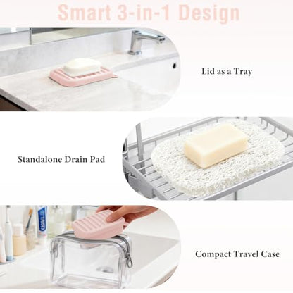 Silicone Travel Soap Case with Lid & Drain Tray, Leakproof, for Travel | Food-grade silicone, Leakproof seal, Built-in hook, Removable drain pad doubles as soap holder, For gym, travel, camping - color: Pink