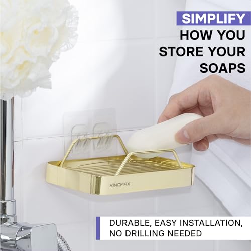 Premium Stainless Steel Soap Holder - Durable with 360-Degree Ventilation - Strong Adhesive Soap Bar Hold - Dish Caddy for Shower Wall Bathroom Mirror Kitchen - Gold