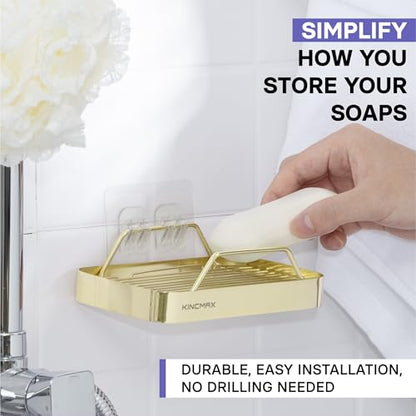 Premium Stainless Steel Soap Holder - Durable with 360-Degree Ventilation - Strong Adhesive Soap Bar Hold - Dish Caddy for Shower Wall Bathroom Mirror Kitchen - Gold