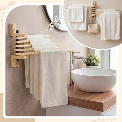 9 x 13 Inch Wood Swivel Towel Rack Wall Mounted Foldable Drying Rack with Anti-Slip Arms, Space Saving Towel Holder for Bathroom Laundry Room Closet, Pine Wood Hanger (5 Bar)