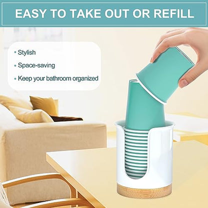2 Pack Bathroom Cup Dispenser - Small Cup Holder and Mouthwash Cups Holder for 3 Oz Countertop - Convenient Paper Cup Dispenser - Bamboo Wood Base Bathroom Cup Holder（White） - color: White/Bamboo, size: 3 OZ